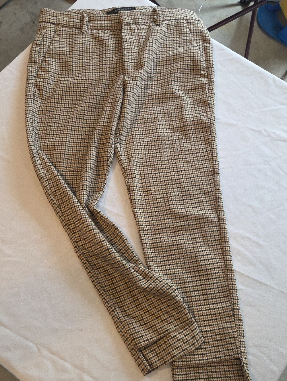 Zara Tan & Black Check Straight-Leg Trousers